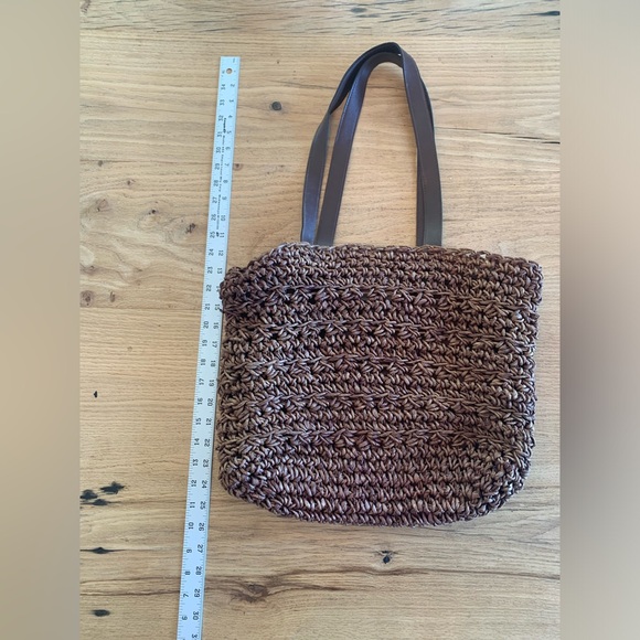 Brown Macrame Beach Bag Leather Strap Linen Lined Women’s Purse Satchel Preloved - Picture 3 of 5